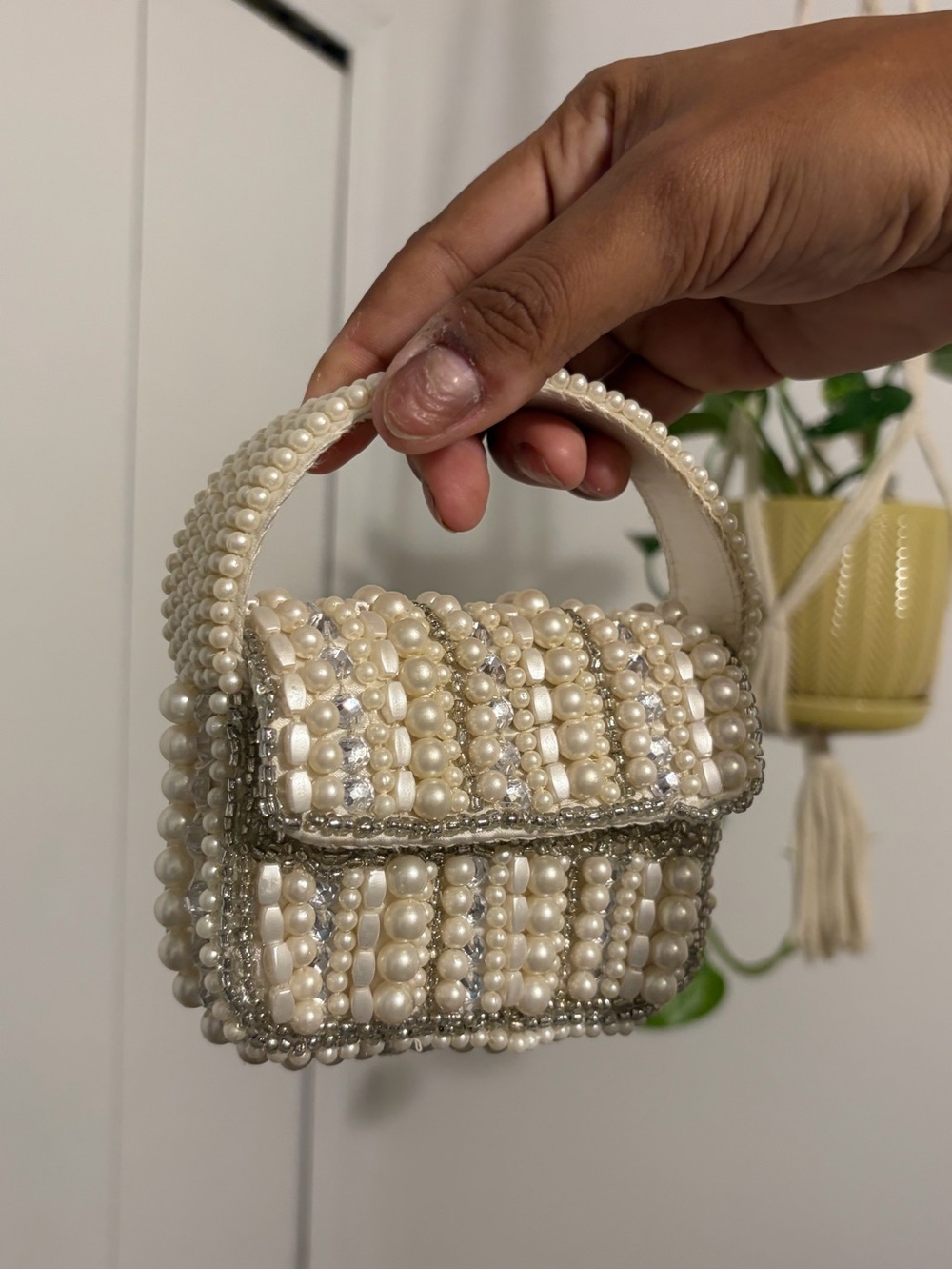 Pearl-Embellished and Beautiful Beaded Mini Crossbody Handbag in Ivory & Silver